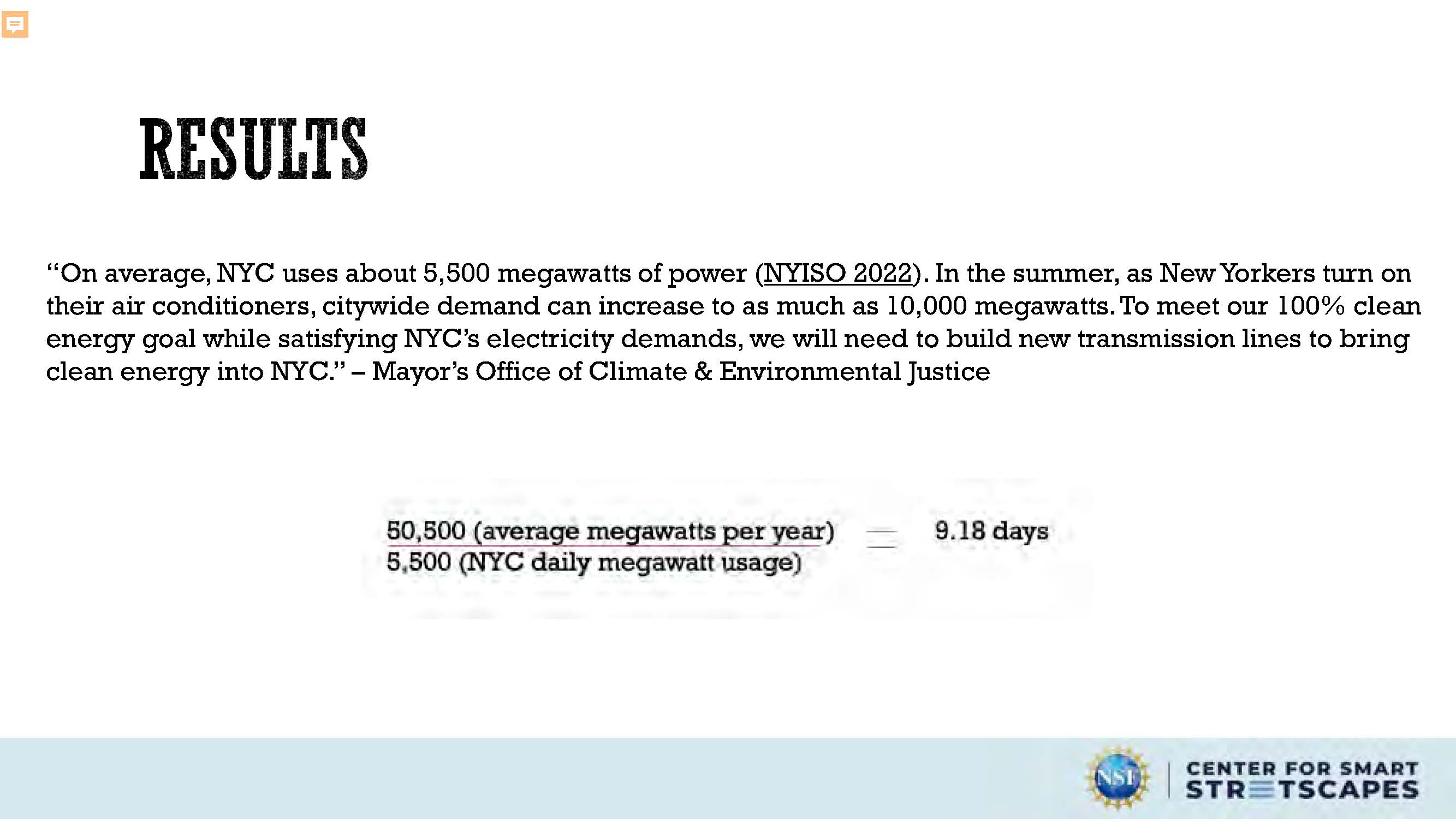 Slide 15: Quote about NYC energy usage and clean energy goals from Mayor's Office of Climate and Environmental Justice