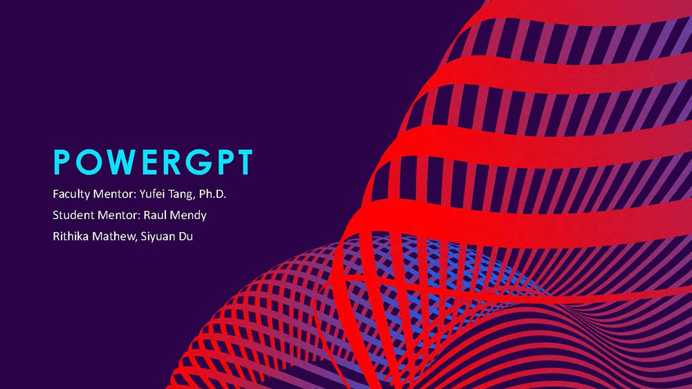 Slide 1: Title slide for PowerGPT presentation by Rithika Mathew and Siyuan Du