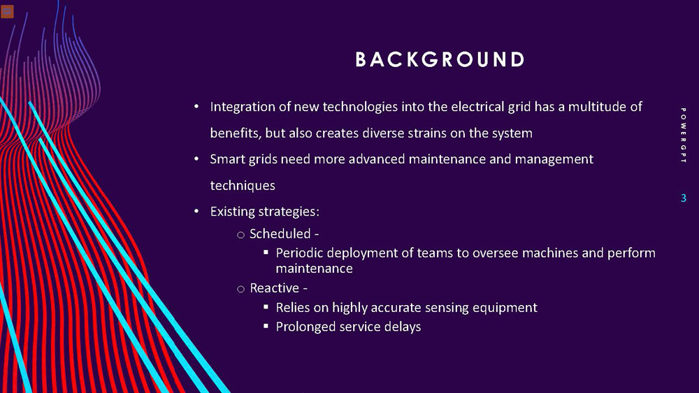 Slide 3: Background section discussing smart grid challenges and existing maintenance strategies
