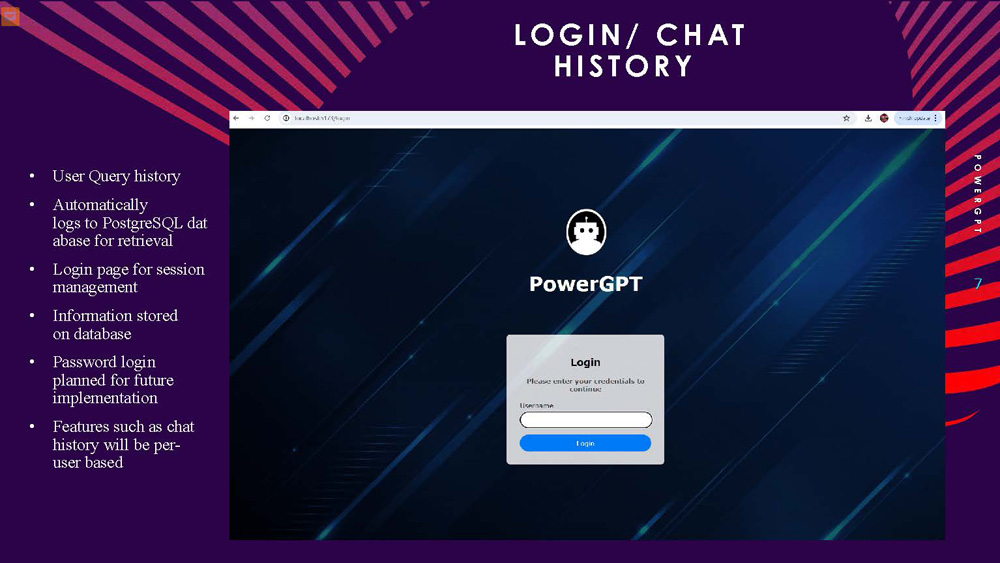 Slide 7: Login and Chat History features showing user authentication and database storage capabilities