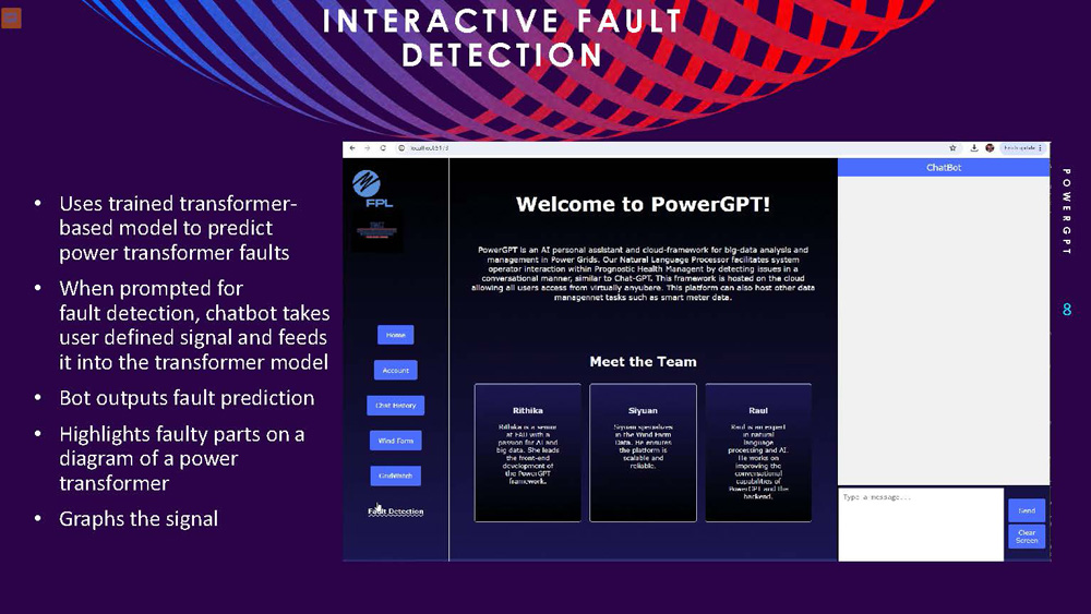 Slide 8: Interactive fault detection system using transformer-based model with visual diagram highlighting