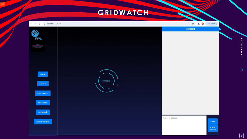 Slide 9: GridWatch feature showing global power grid monitoring with world map visualization