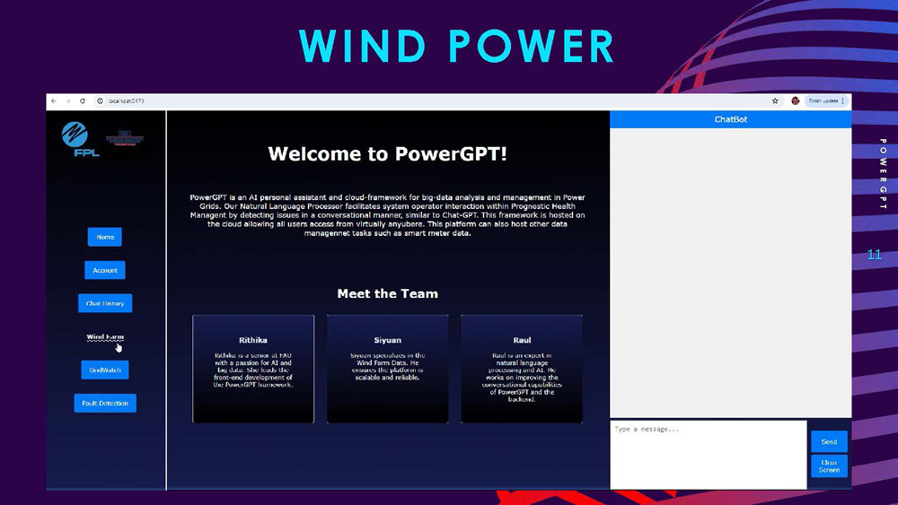 Slide 11: Wind Power interface screenshot showing prediction results and data visualization