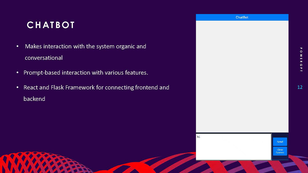 Slide 12: Chatbot functionality description emphasizing organic conversation and framework integration