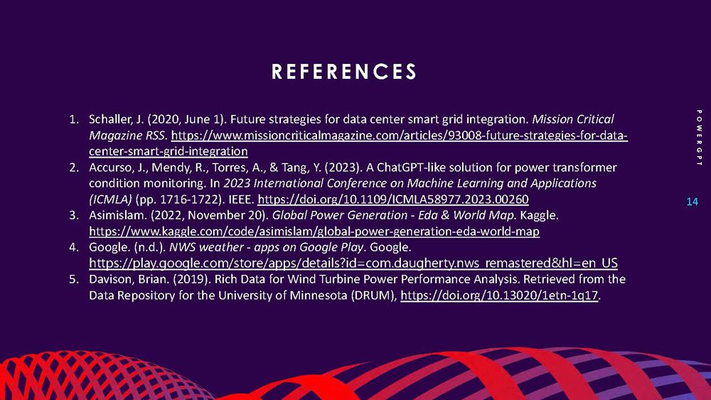 Slide 14: References section listing all cited sources and documentation