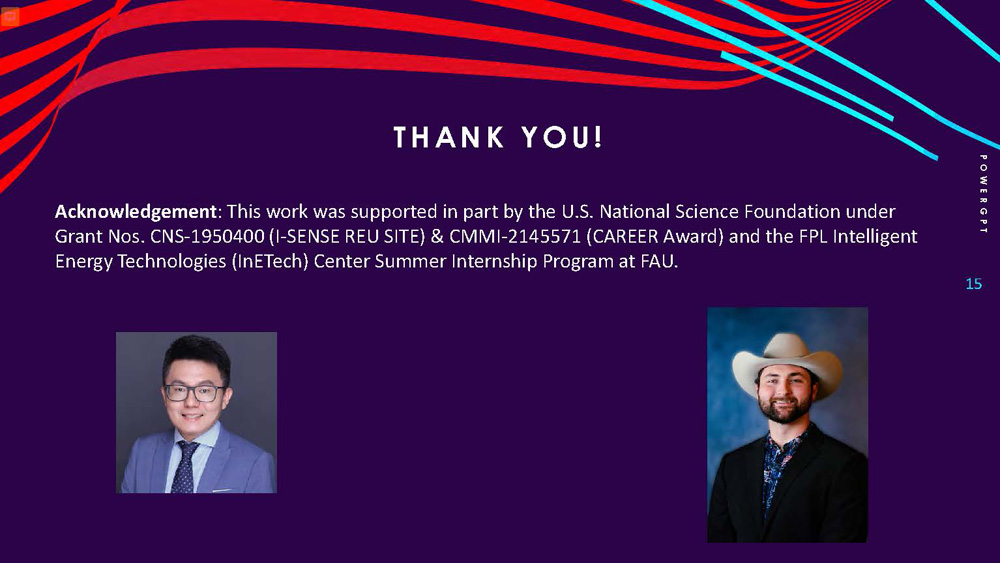 Slide 15: Thank you slide with acknowledgments for NSF and FPL funding support