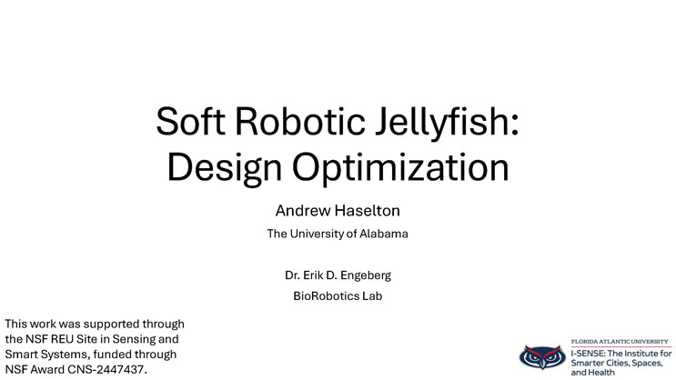 Slide 1: Title slide reading Soft Robotic Jellyfish: Design Optimization, with author and lab information and a photo of a jellyfish robot next to a real jellyfish.