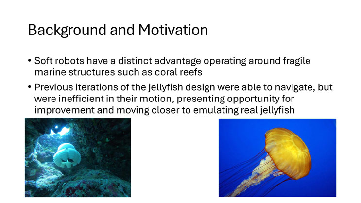 Slide 2: Background and Motivation, describing the advantages of soft robots near coral reefs and the inefficiency of previous jellyfish designs, with photos of a soft robot near coral and a real jellyfish.