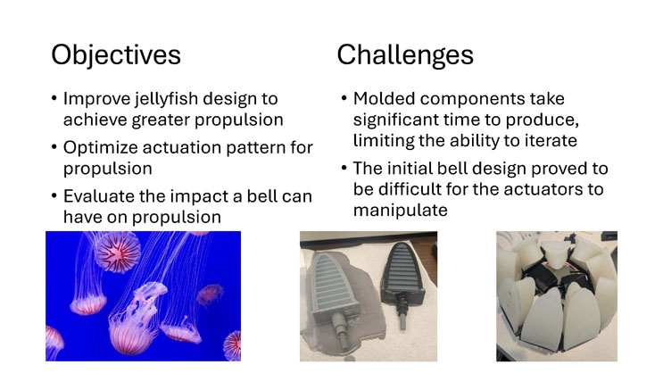 Slide 3: Objectives and Challenges, listing goals to improve propulsion and optimize actuation, alongside challenges with molded components and the initial bell design, with photos of jellyfish and robot actuator parts.