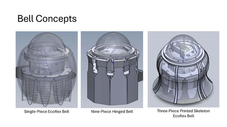 Slide 5: Bell Concepts, showing three CAD renderings of candidate bell designs labeled Single-Piece Ecoflex Bell, Nine-Piece Hinged Bell, and Three-Piece Printed Skeleton Ecoflex Bell.