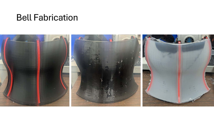 Slide 6: Bell Fabrication, showing three close-up photos of a fabricated silicone bell panel with red support lines, in different stages of finishing.