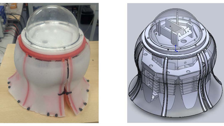 Slide 12: Side-by-side photo and CAD rendering of the finished jellyfish robot with its three-piece bell and clear domed top.