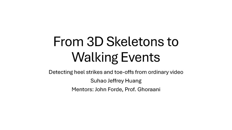 Slide 1: Title slide for From 3D Skeletons to Walking Events: Detecting heel strikes and toe-offs from ordinary video, presented by Suhao Jeffrey Huang
