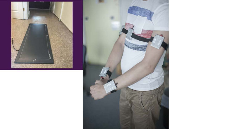 Slide 4: Two photographs of traditional gait-measurement equipment: a pressure-sensitive walkway mat in a hallway, and a person wearing multiple wireless motion sensor straps on the arms and torso.