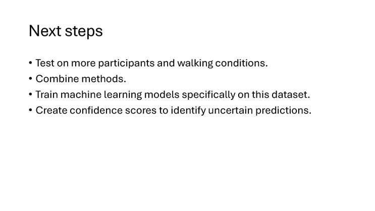 Slide 18: Next steps, outlining plans to test on more participants, combine methods, train models on this dataset, and create confidence scores.