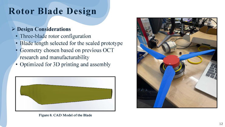 Slide 12: Rotor Blade Design, listing design considerations for a three-blade rotor, with a CAD model of a single blade and a photo of the assembled blue rotor on a bearing.