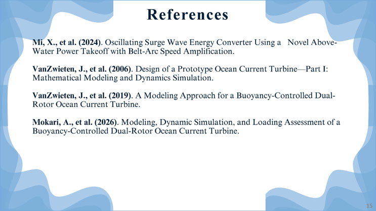 Slide 15: References list citing four sources on oscillating surge wave energy converters and ocean current turbines.