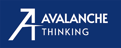 Logo with a stylized white letter 'A' featuring an upward-pointing arrow as its top bar, next to the text 'AVALANCHE THINKING' in white sans-serif font on a dark blue background.