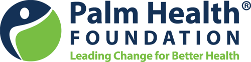 Logo featuring a circular icon of a stylized person in white and navy blue against a green leaf shape, followed by the text 'Palm Health FOUNDATION' in navy blue and the tagline 'Leading Change for Better Health' in green.