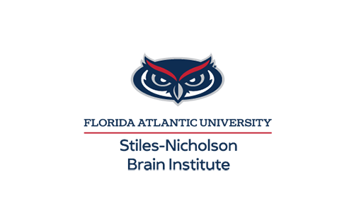 Florida Atlantic University Stiles-Nicholson Brain Institute logo, featuring a stylized blue and white owl head with red 'eyebrows' centered above the university and institute name in navy blue text.