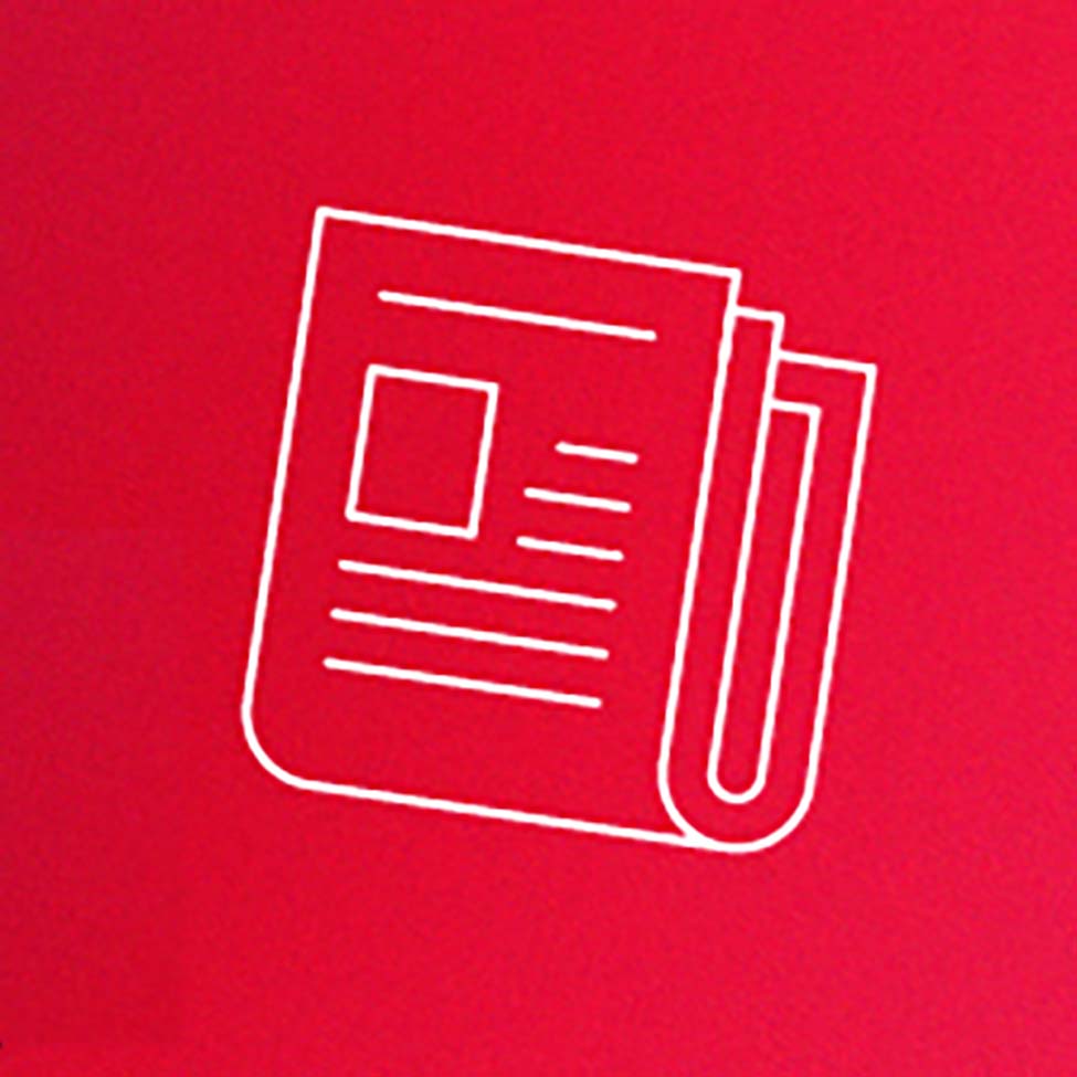 Red background with white newspaper icon