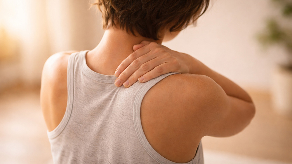 Close-up view from behind of a person wearing a sleeveless top, placing one hand on the back of the neck, suggesting neck or shoulder discomfort.