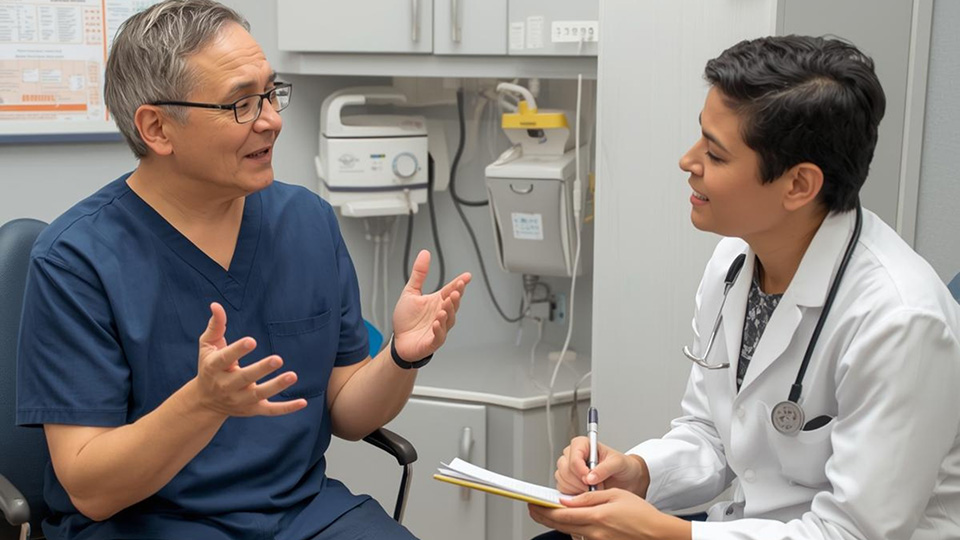 Doctor taking notes and talking with patient about his pain