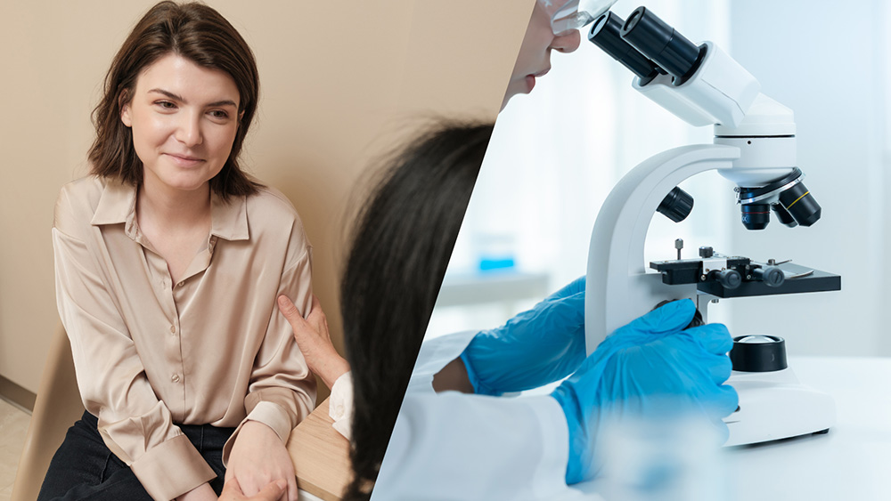 Split image showing a supportive in-person consultation on the left and a close-up of a microscope being used in a lab on the right.