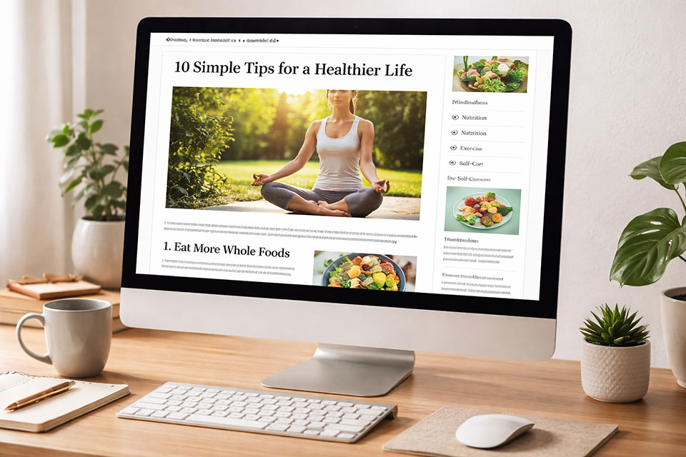 Computer screen showing a health and wellness article with meditation and healthy food images.