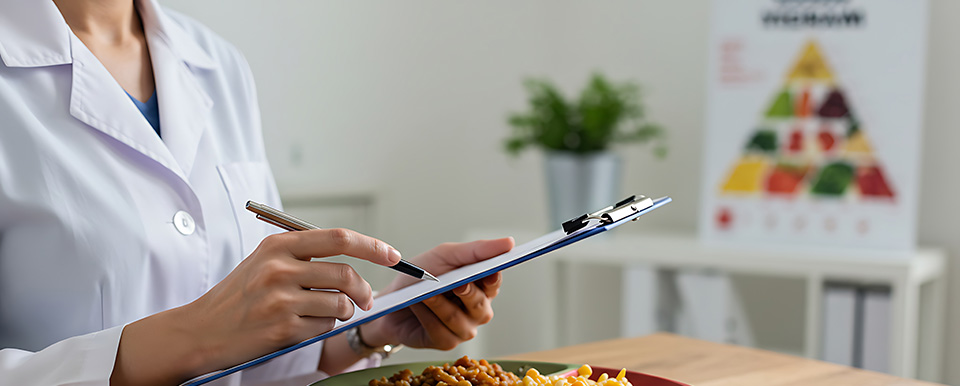Dietitian Assessing Healthy Plate with Grains, Fruits, and Vegetables