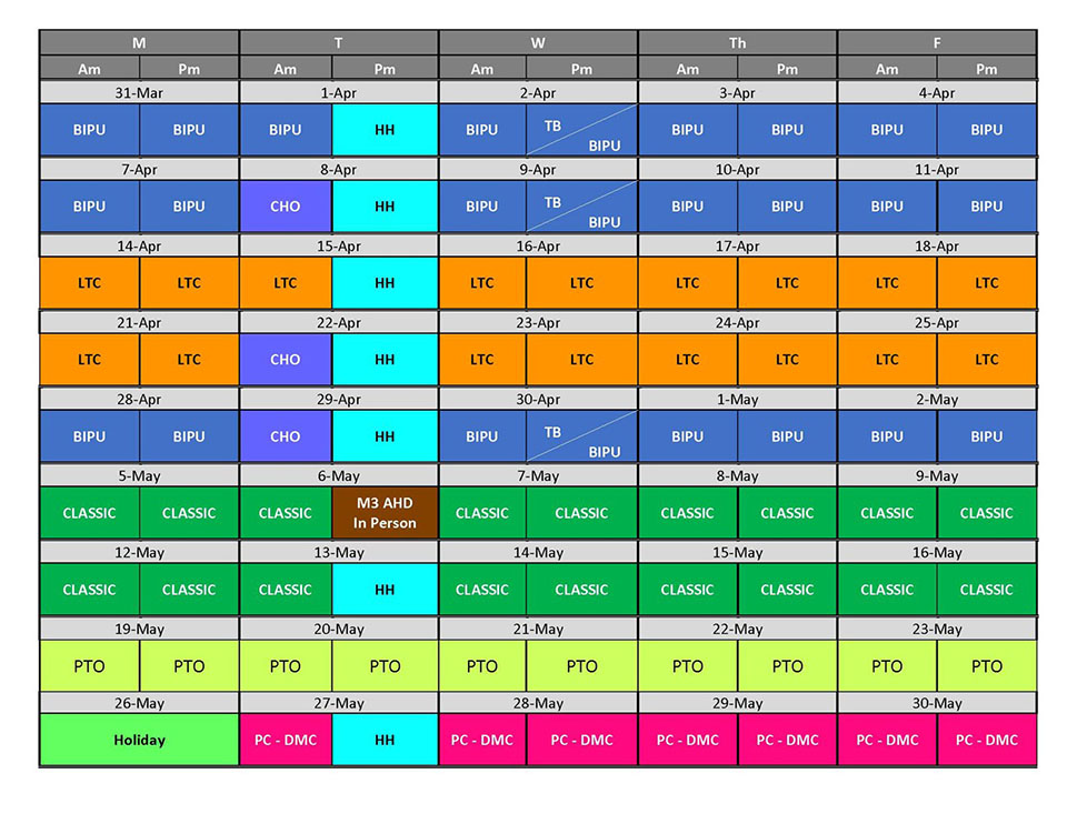 Sample rotation schedule (March–May). Full accessible table is available below.