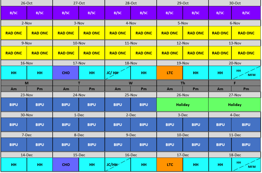 Sample rotation schedule (Oct–Dec). Full accessible table is available below.