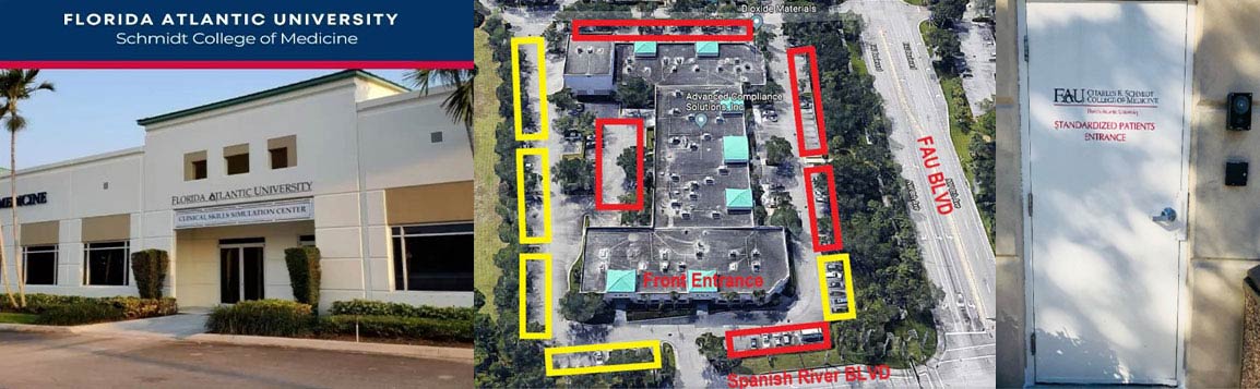 FAU Clinical Skills Simulation Center pictured with map of parking and entrance door