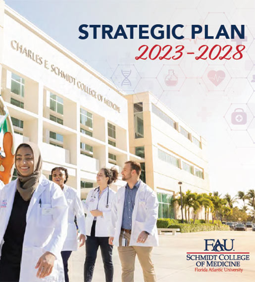 Cover of 2023-2028 Strategic Plan Brochure featuring students outside Boca Raton Schmidt College of Medicine