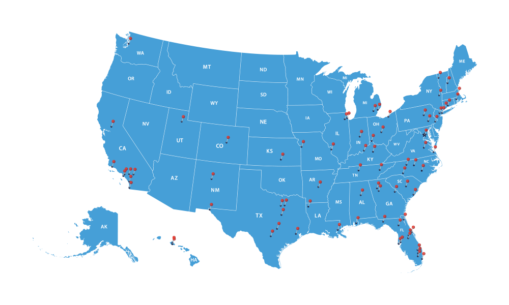 FAU MD residency placements map with their pinned locations across the U.S.
