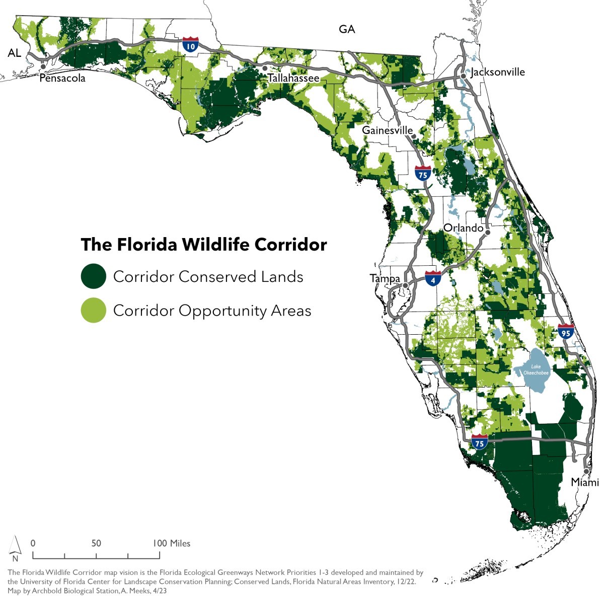 The Florida Wildlife Corridor opportunity areas and conserved lands.