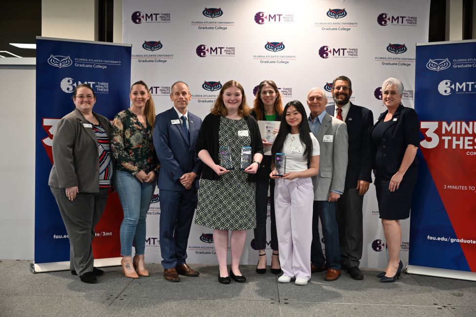 Winners of FAU's eighth annual Three Minute Thesis (3MT®) Competition along with attending dignitaries