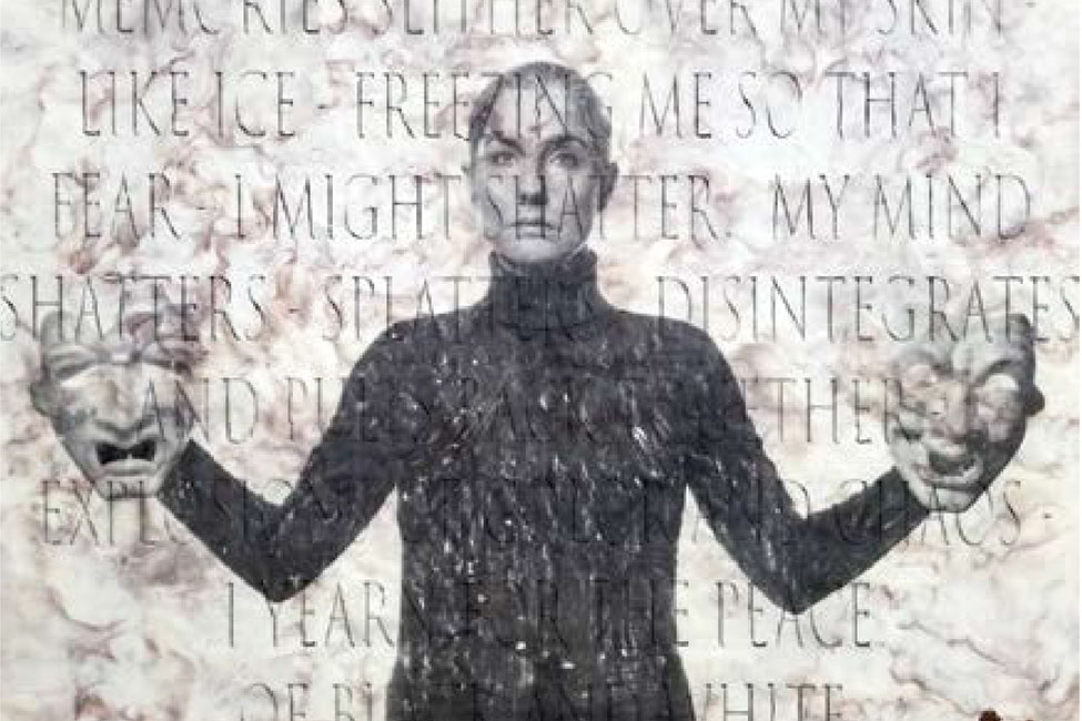 Black-and-white mixed media image of a woman wearing a black turtleneck with engraved lettering overlaid on her image.