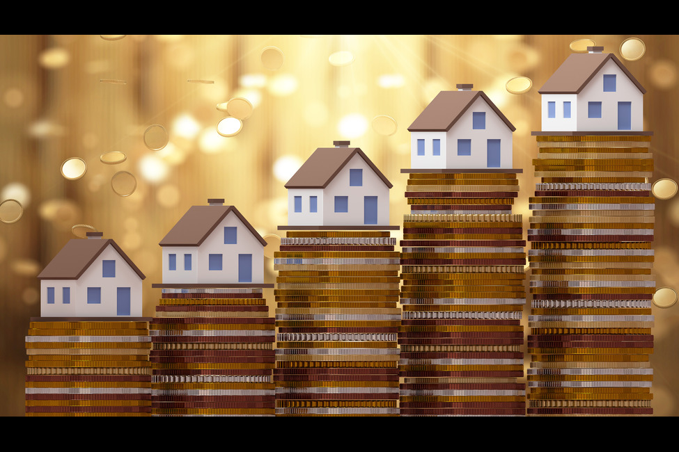 An increasing row of five stacks of coins with small houses on top.