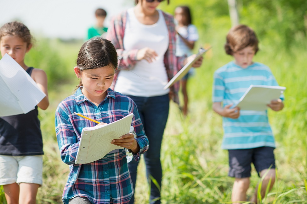 Summer campers taking notes in the field