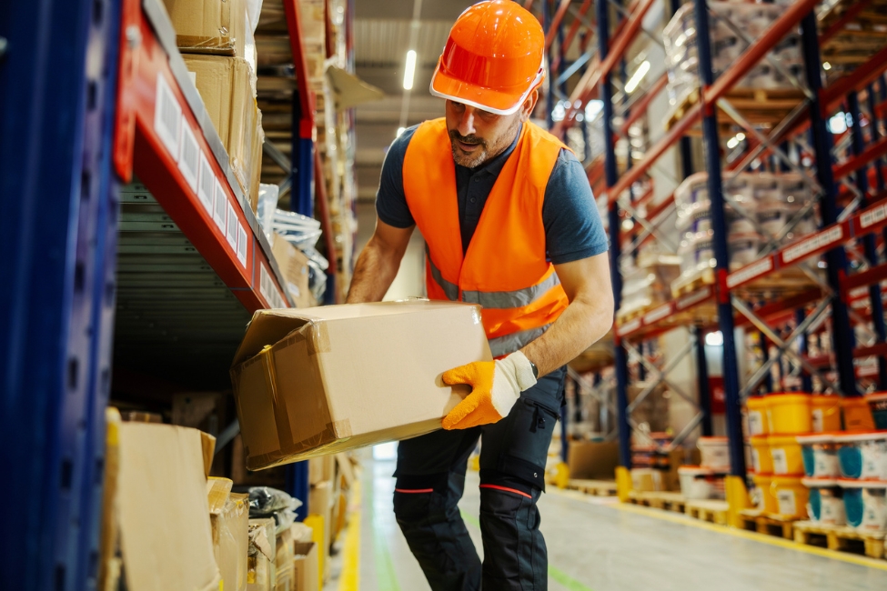 A supply chain worker picks up a box