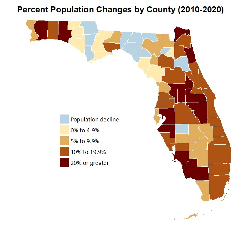 A map depicts Florida’s population growth from 2010 to 2020.