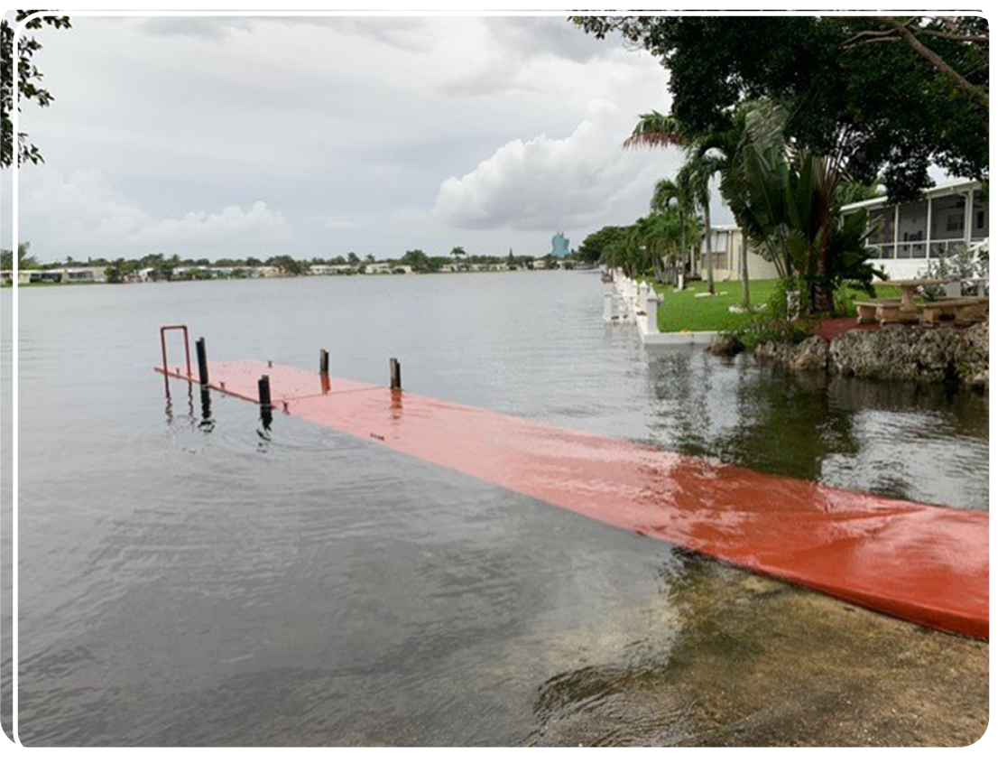 water covering an orange pier