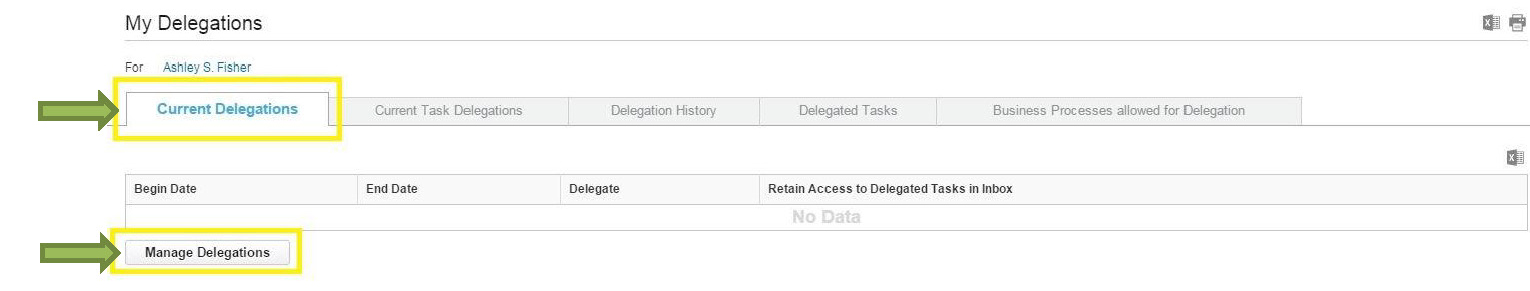 Screenshot showing the My Delegations page with Current Delegations tab and Manage Delegations button and the Manage Delegations page with Business Processes available for delegation