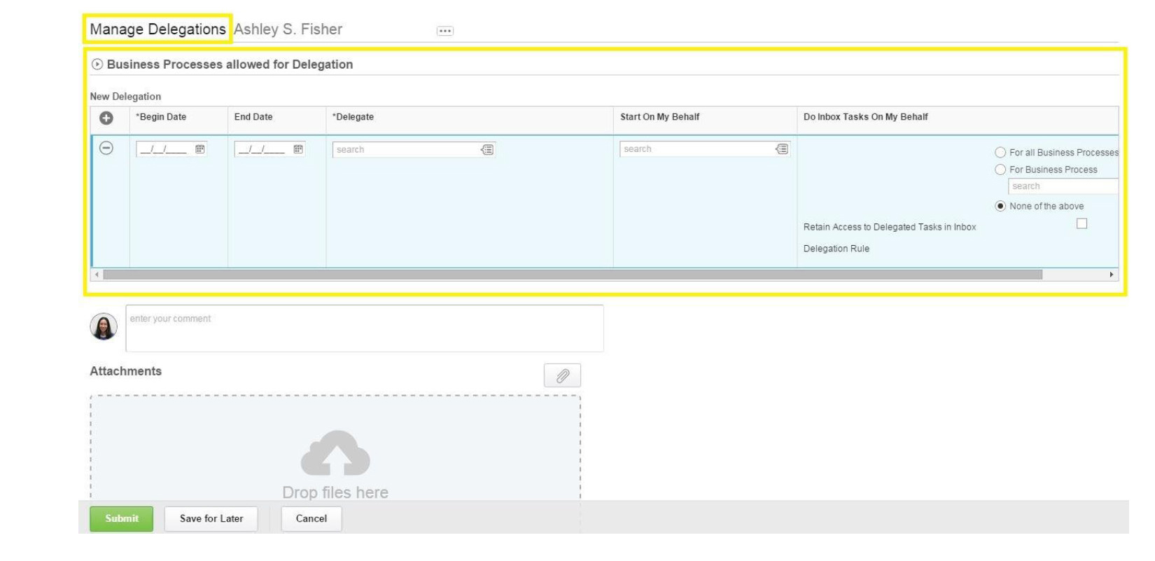 Screenshot showing the New Delegation form with Begin Date, End Date, and Delegate fields