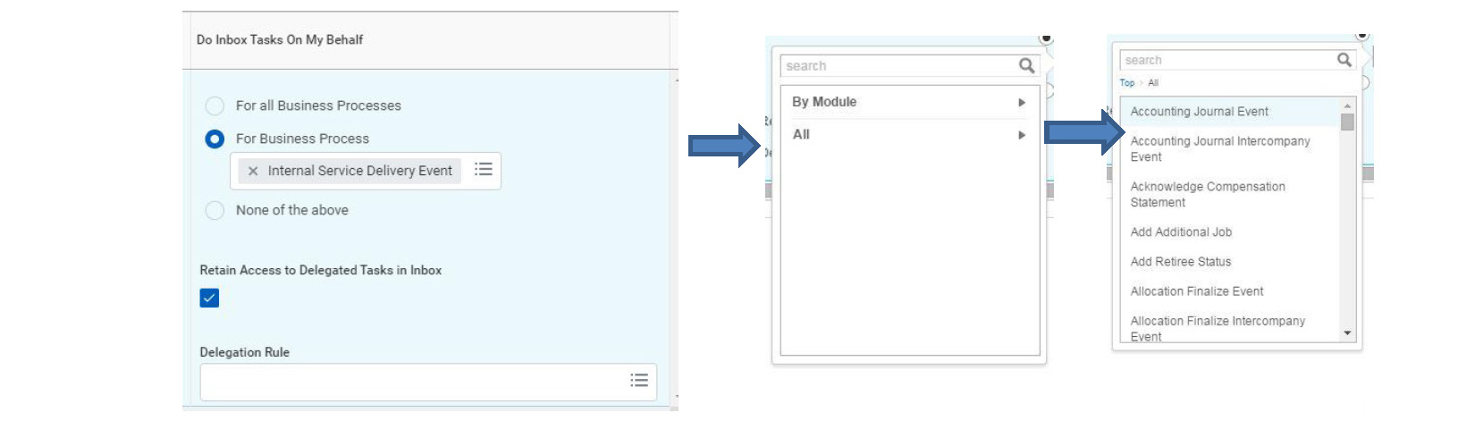 Screenshot showing the Do Inbox Tasks On My Behalf section with Internal Service Delivery Event selection