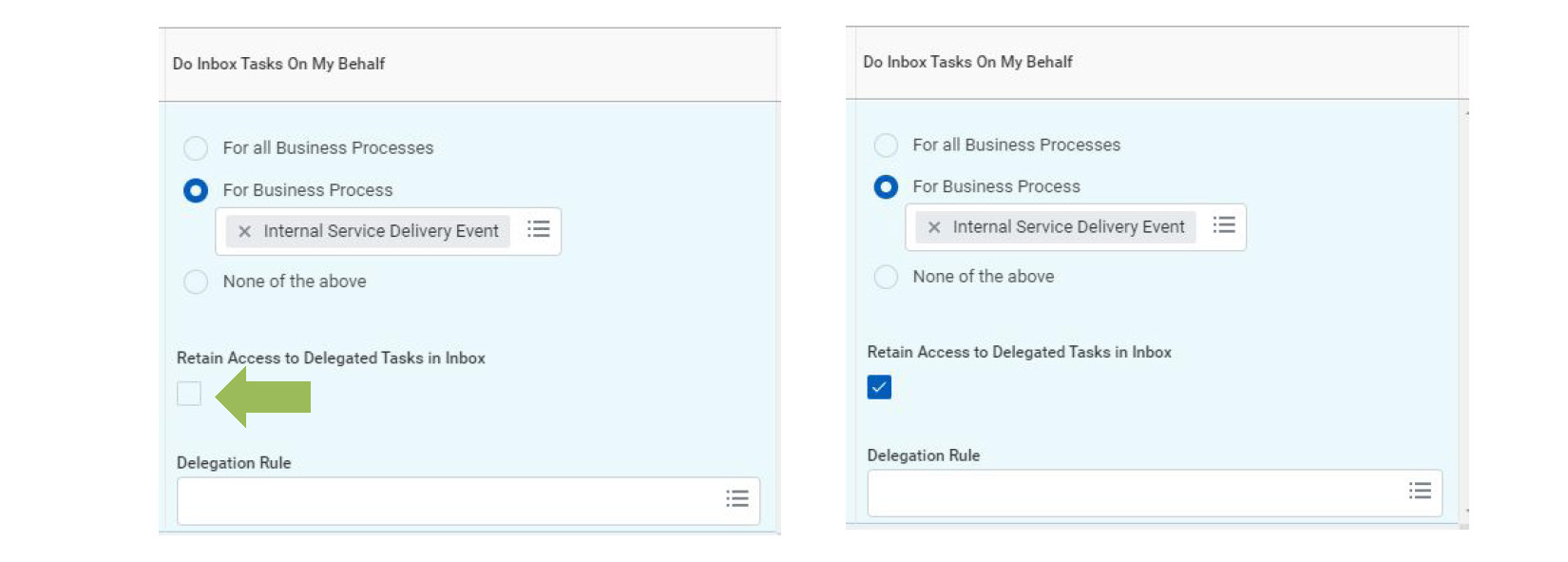 Screenshot showing the Retain Access to Delegated Tasks in Inbox checkbox option