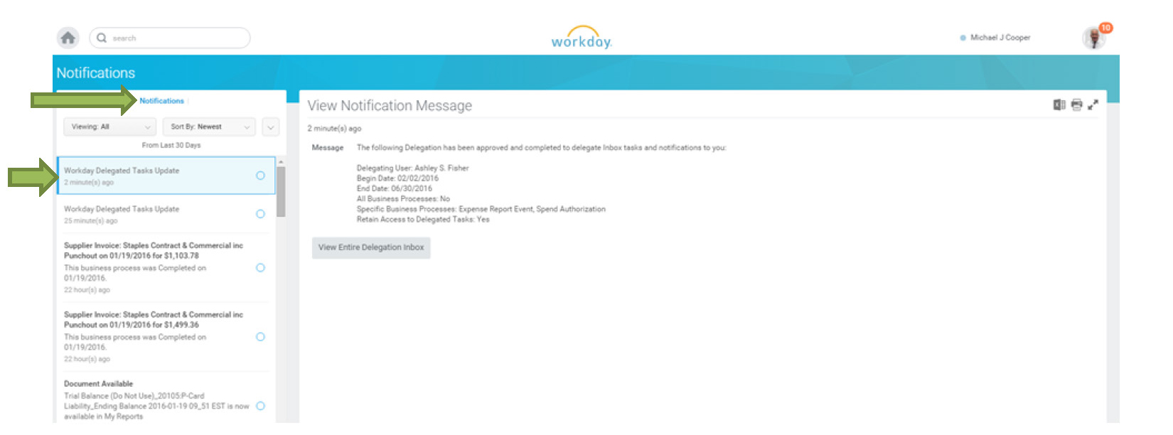 Screenshot showing the notification received by the delegate about the delegated task