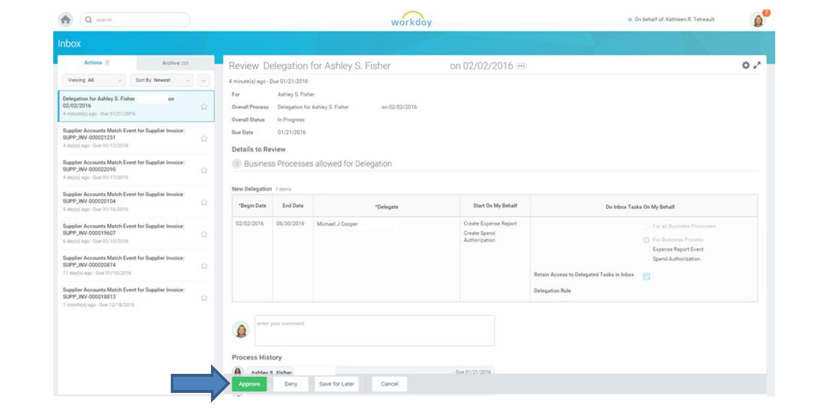Screenshot showing the manager approval screen with Approve button