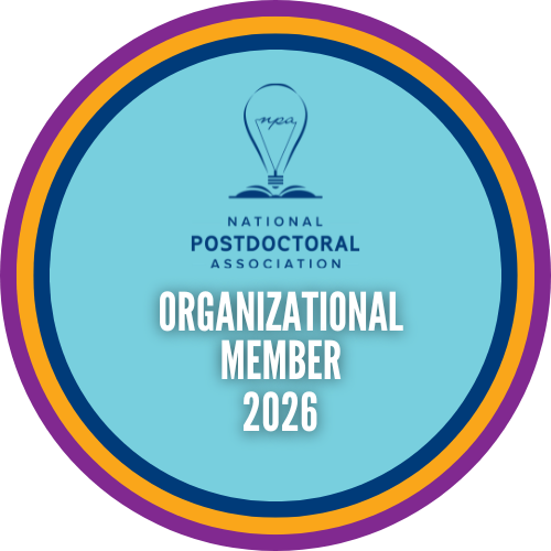 Circular seal for National Postdoctoral Association Organizational Member 2026, featuring a light blue background, lightbulb logo, and colored borders.